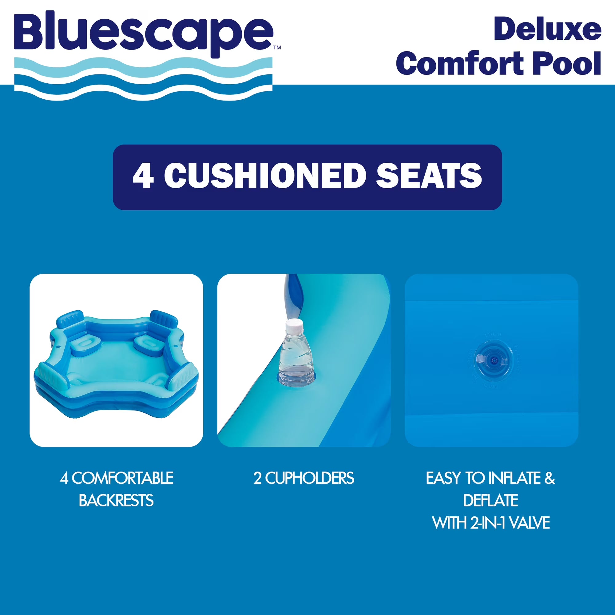 Blue Deluxe Comfort Inflatable Family Swimming Pool, 4 Seats, Square, Age 6 & up