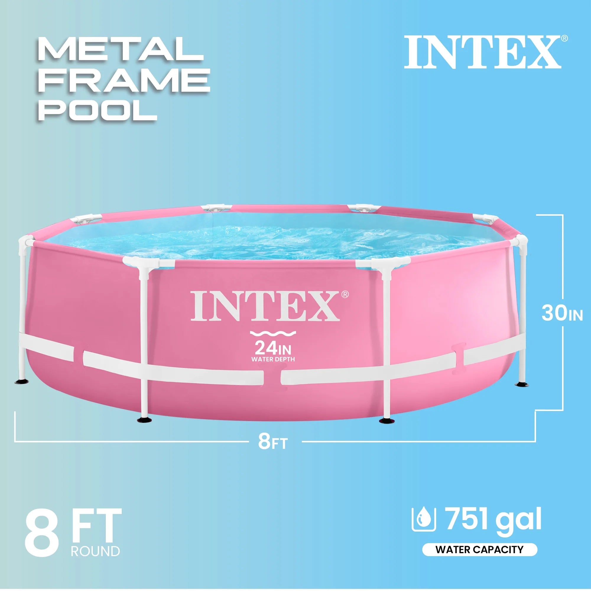 INTEX Round Metal Frame 8ft x 30in Above Ground Swimming Pool, Pink