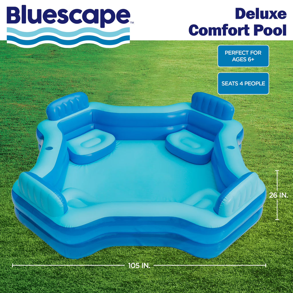 Blue Deluxe Comfort Inflatable Family Swimming Pool, 4 Seats, Square, Age 6 & up