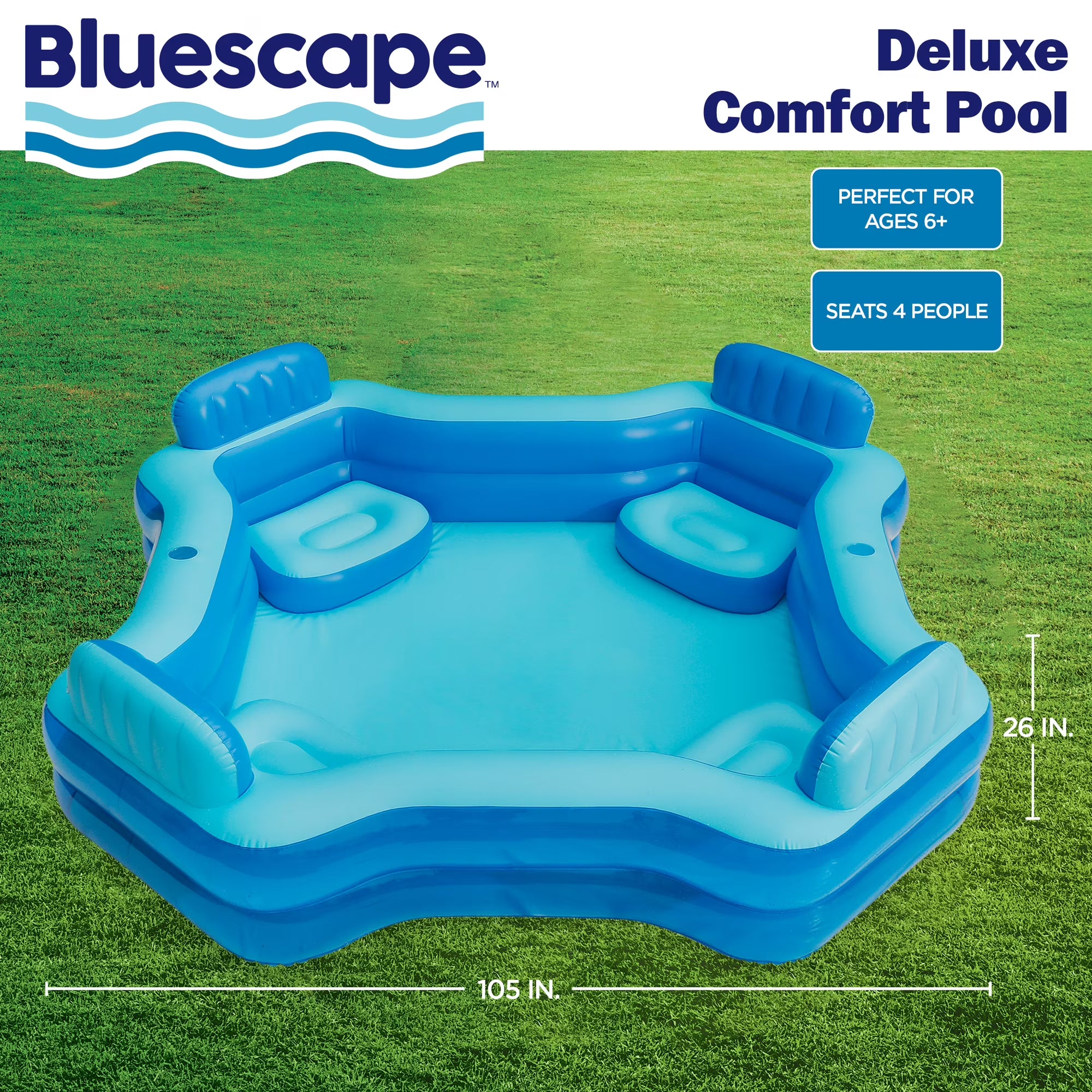 Blue Deluxe Comfort Inflatable Family Swimming Pool, 4 Seats, Square, Age 6 & up