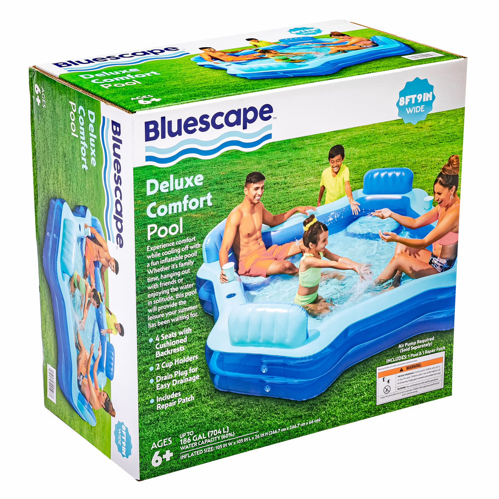 Blue Deluxe Comfort Inflatable Family Swimming Pool, 4 Seats, Square, Age 6 & up