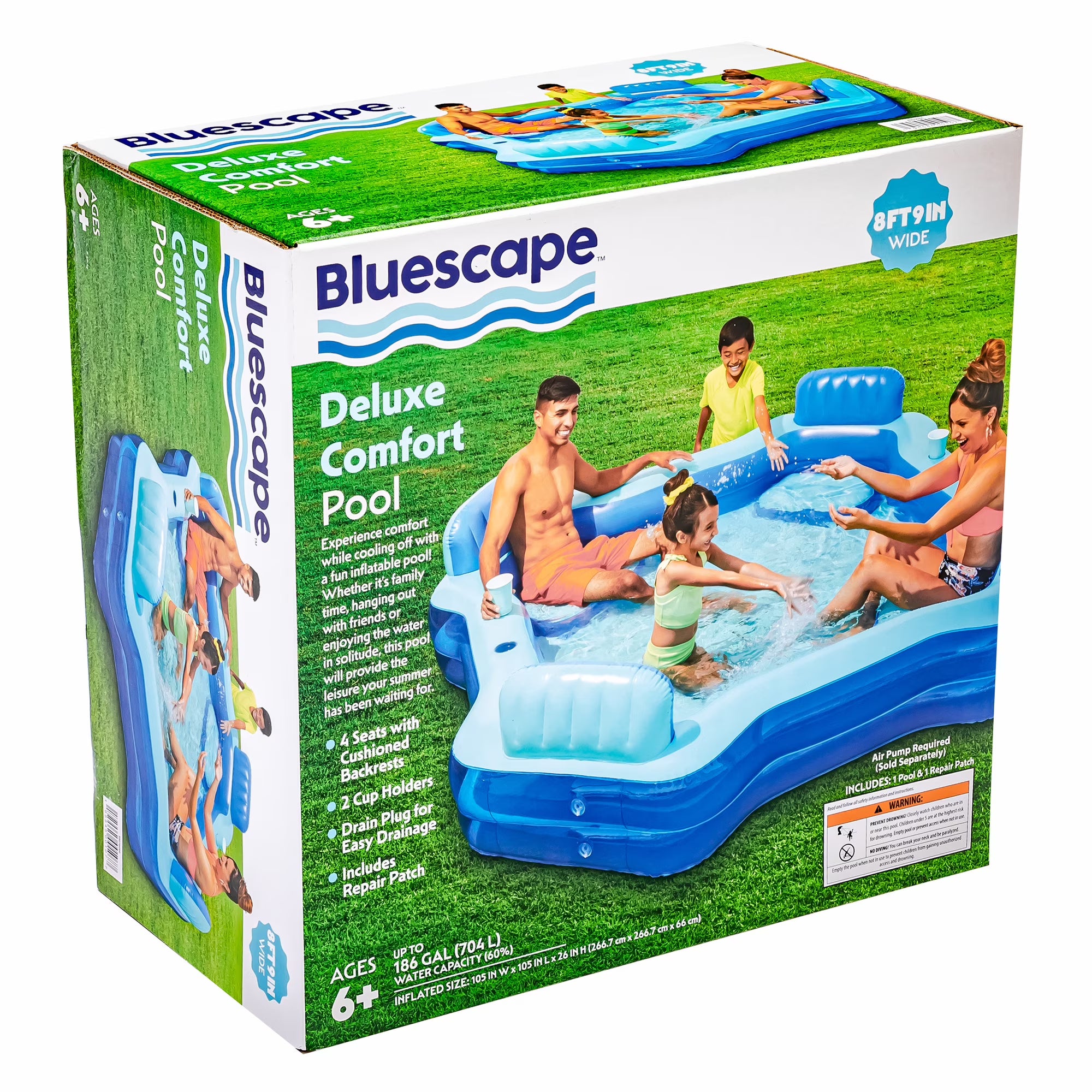 Blue Deluxe Comfort Inflatable Family Swimming Pool, 4 Seats, Square, Age 6 & up